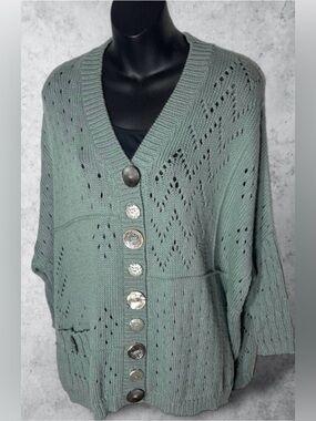 Pure Handknit Button Down 3/4 Sleeve Lt Sage Green Cardigan Size S / M